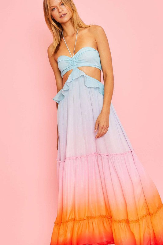 Fashion Multi-Color Ombre Satin Neck Tie-Up Ruffle Cut-Out Maxi Dress
