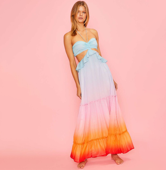 Fashion Multi-Color Ombre Satin Neck Tie-Up Ruffle Cut-Out Maxi Dress