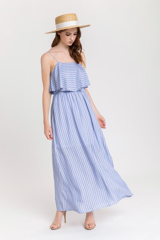 Fashion Strap Summer Marine Stripe Ruffle Blue Maxi Dress