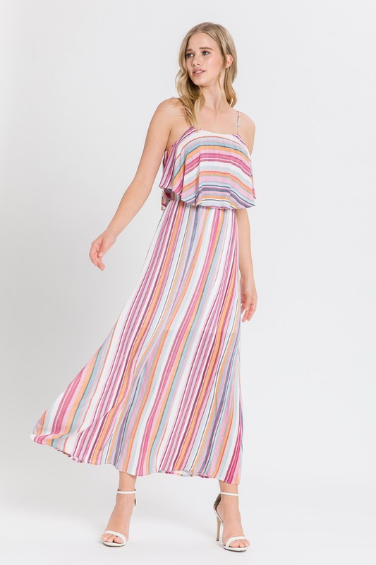 Fashion Strap Summer Pink Multi-Color Stripe Ruffle Maxi Dress