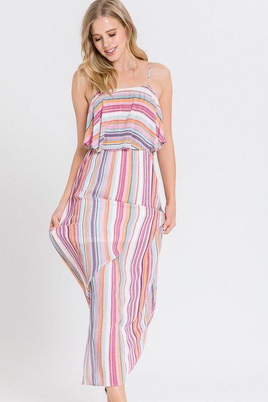 Fashion Strap Summer Pink Multi-Color Stripe Ruffle Maxi Dress