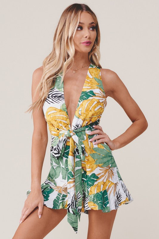 Fashion White Multi-Color Tropical Print Halter Cross Tie-Up Romper