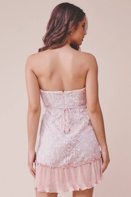 Elegant Strapless Nude Lace Ruffle Dress