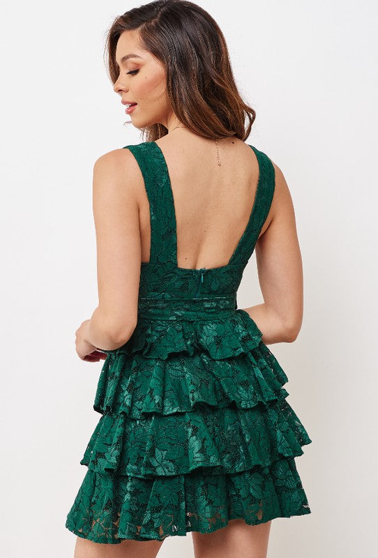 Elegant Forest Green Floral Lace Deep V-Neck Ruffle Tie-Up Dress