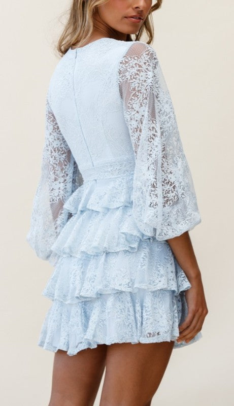 Elegant Steel Blue Floral Lace Deep V-Neck Ruffle Tie-Up Dress with Bell Sleeve