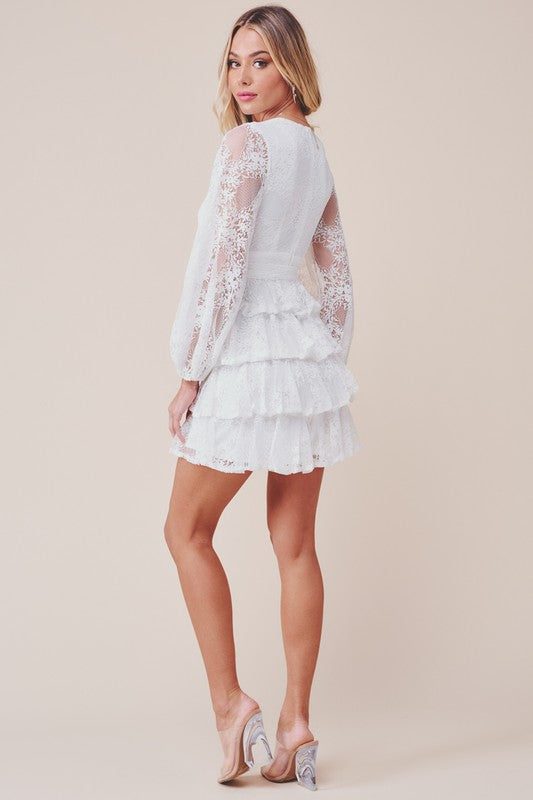 Elegant White Floral Lace Deep V-Neck Ruffle Tie-Up Dress with Bell Sleeve