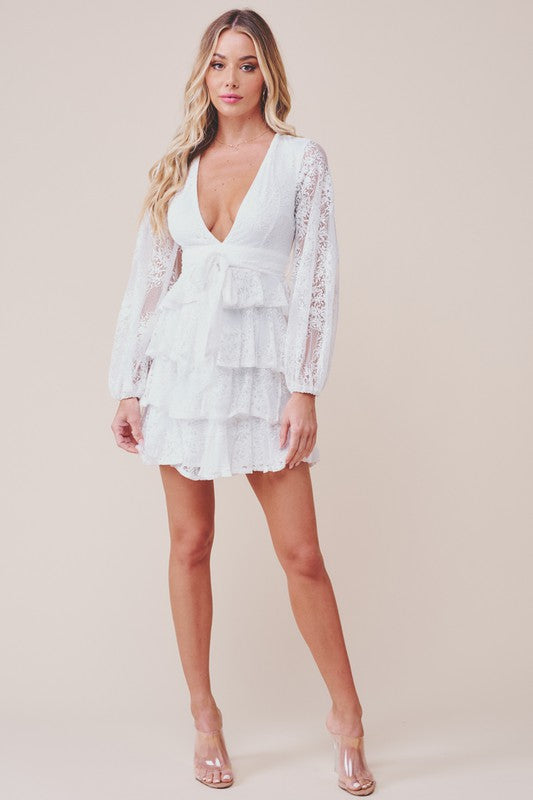 Elegant White Floral Lace Deep V-Neck Ruffle Tie-Up Dress with Bell Sleeve