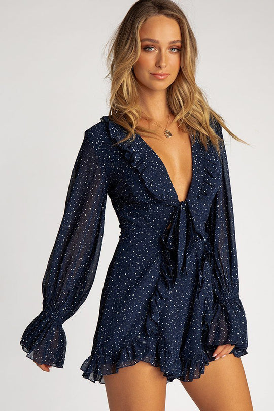 Fashion Navy Polka Dot Deep V-Neck Tie-Up Ruffle Romper with Long Sleeve
