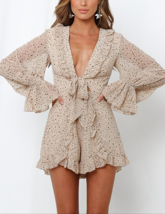Fashion Mocha Polka Dot Deep V-Neck Tie-Up Ruffle Romper with Long Sleeve