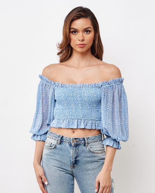 Fashion Blue Floral Print Off Shoulder Crop Top with Puffy Sleeve