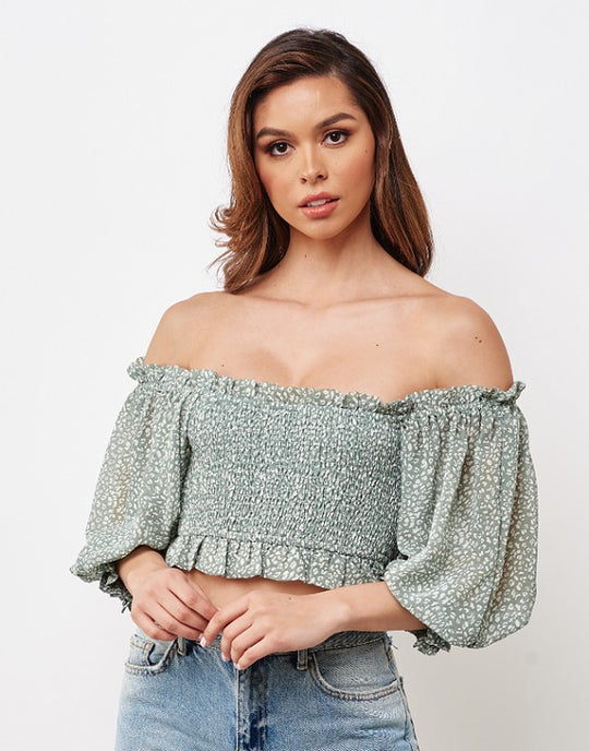 Fashion Olive Floral Print Off Shoulder Crop Top with Puffy Sleeve