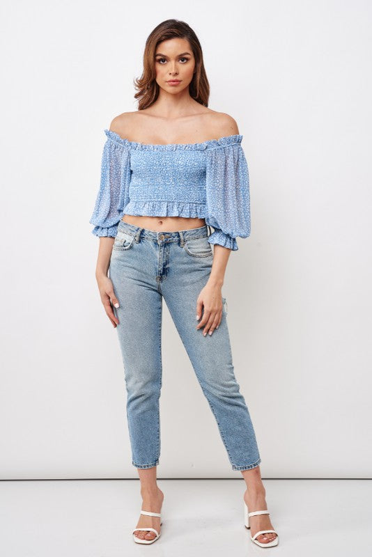 Fashion Blue Floral Print Off Shoulder Crop Top with Puffy Sleeve