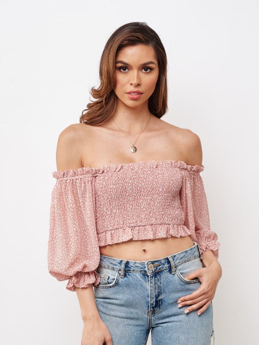 Fashion Pink Floral Print Off Shoulder Crop Top with Puffy Sleeve