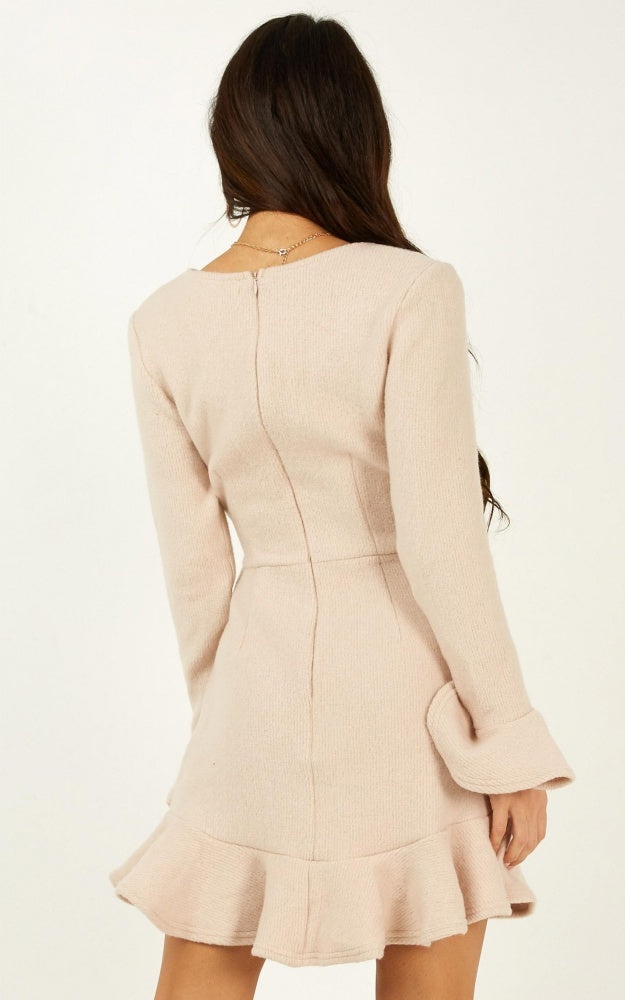 Fashion Beige Tie-Up Ruffle Sweater Dress with Bell Sleeve
