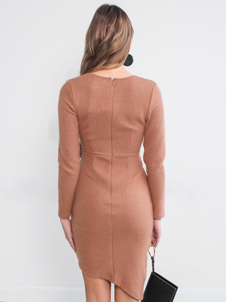 Fashion Taupe Wrap Tie-Up Sweater Dress with Long Sleeve
