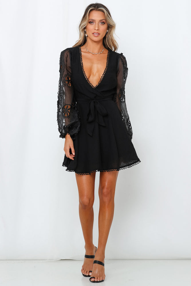 Elegant Black Lace Detailed Wrap Tie-Up Dress with Puffy Long Sleeve