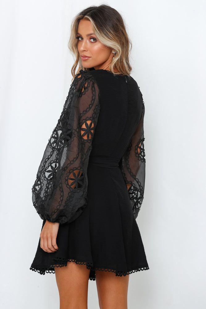 Elegant Black Lace Detailed Wrap Tie-Up Dress with Puffy Long Sleeve