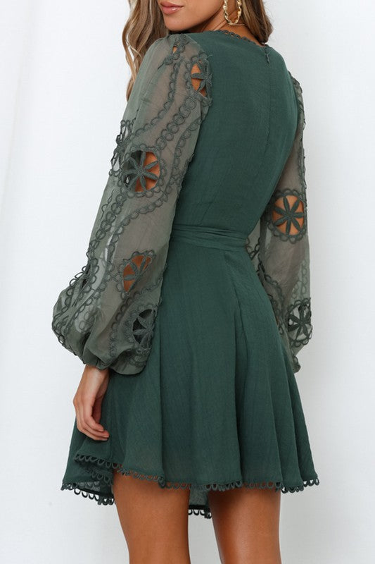 Elegant Deep Green Lace Detailed Wrap Tie-Up Dress with Puffy Long Sleeve