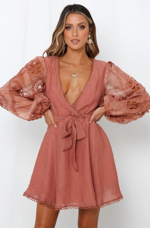 Elegant Rose Lace Detailed Wrap Tie-Up Dress with Puffy Long Sleeve