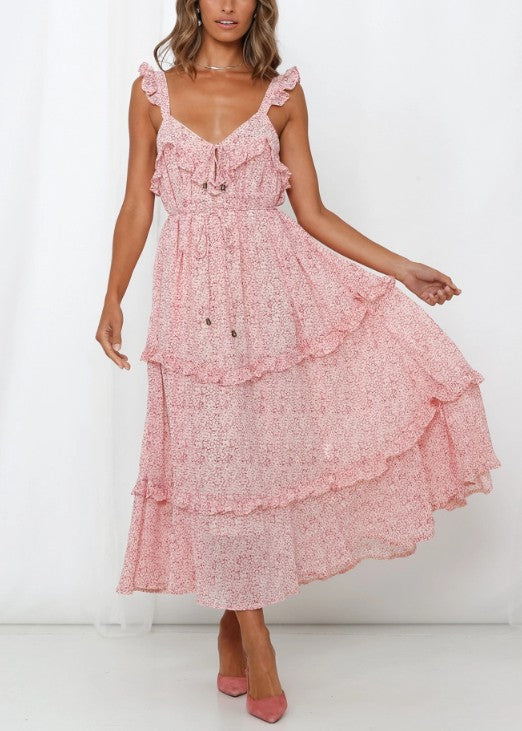 Fashion Strap Red Floral Print Summer Ruffle Dress Tie-Up