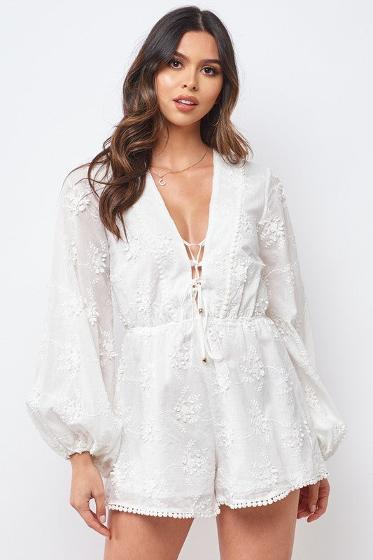 Fashion White Floral Embroidery Tassel Detailed Front Tie-Up Romper with Bell Sleeve