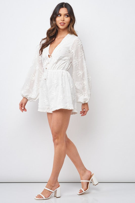 Fashion White Floral Embroidery Tassel Detailed Front Tie-Up Romper with Bell Sleeve