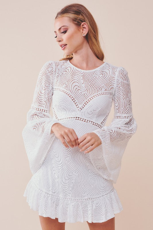 Elegant White Lace Pom Pom Detailed Tassel Ruffle Dress with Bell Sleeve