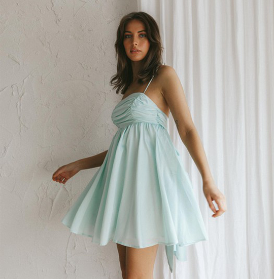 Fashion Strap Mint Tie-Up Ruffle Dress