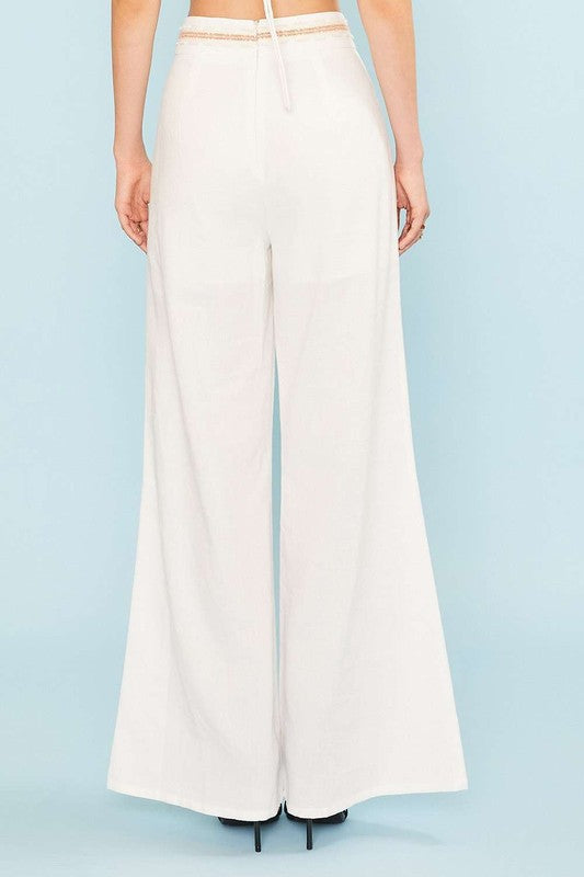 Fashion Summer White Buckle Detailed High Waisted Palazzo Pants