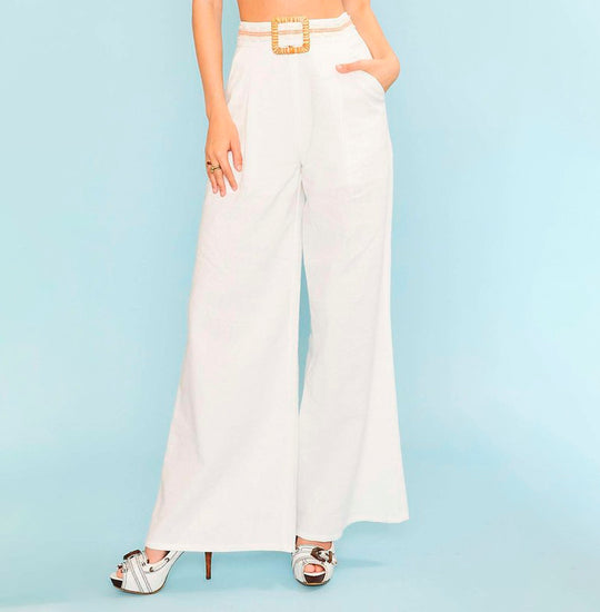 Fashion Summer White Buckle Detailed High Waisted Palazzo Pants