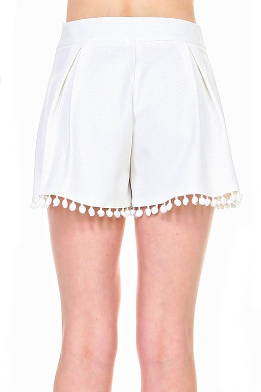 Elegant White High Waisted Shorts with Pompom Detailed
