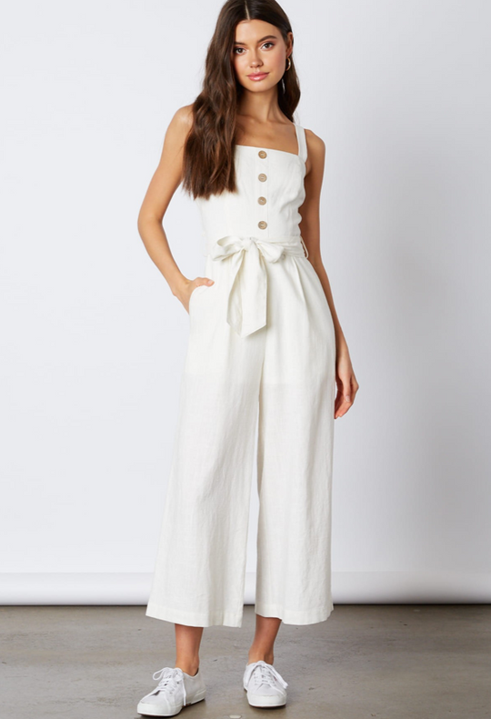 Fashion Summer Strap White Button Down Tie-Up Jumpsuit