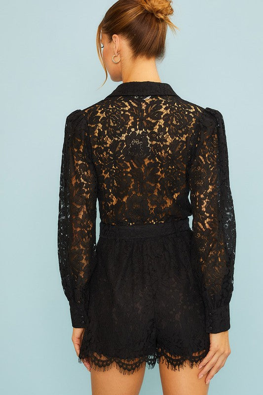 Elegant Black Lace Detailed Button Down Tie-Up Romper with Puffy Long Sleeve