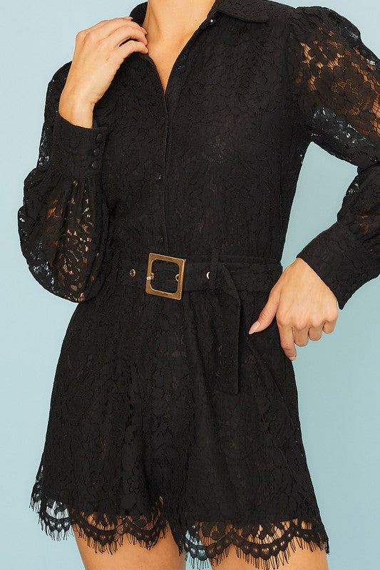 Elegant Black Lace Detailed Button Down Tie-Up Romper with Puffy Long Sleeve