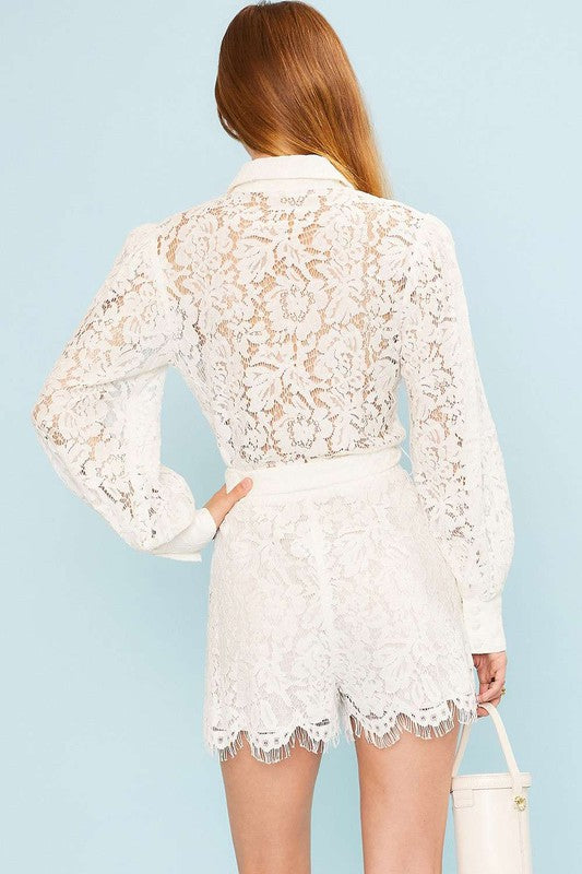 Elegant White Lace Detailed Button Down Tie-Up Romper with Puffy Long Sleeve