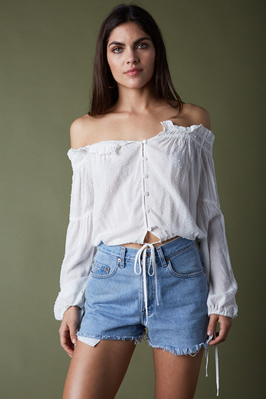 Summer Off Shoulder White Button Down Blouse