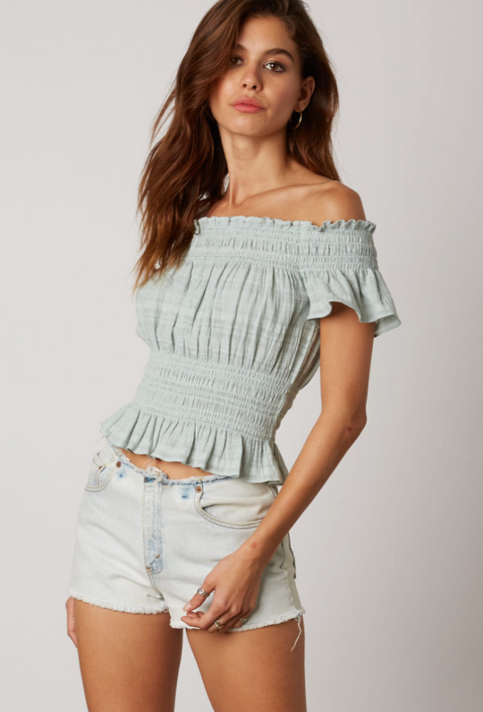 Fashion Off Shoulder Celadon Ruffle Elastic Top