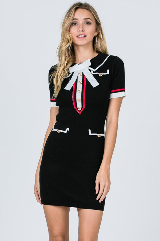 Elegant White Bow Red White Striped Detailed Black Dress