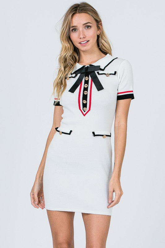 Elegant Black Bow Red White Striped Detailed White Dress – EDITE MODE