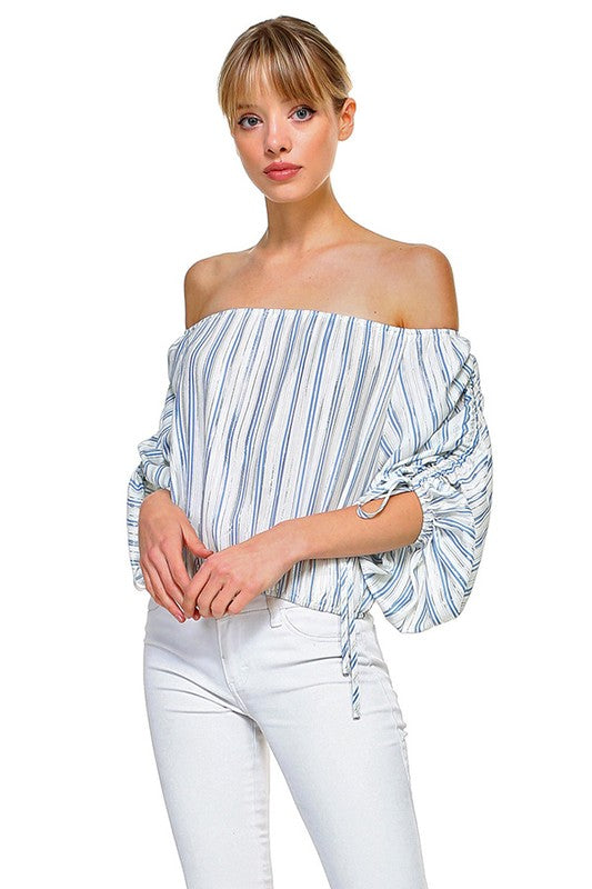 Elegant Off Shoulder Blue Multi-Color Metallic Top with Tie-Up Sleeve