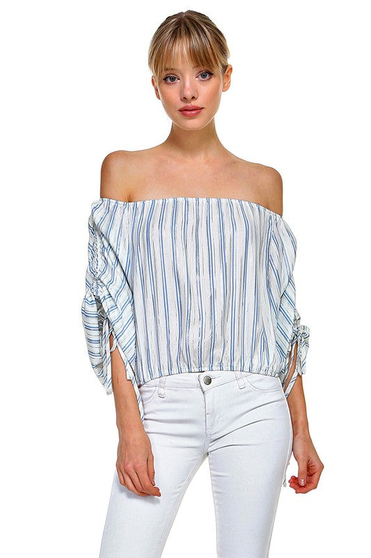 Elegant Off Shoulder Blue Multi-Color Metallic Top with Tie-Up Sleeve