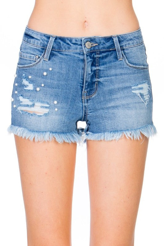 Ripped Short Jean with Blue Wash Pearl Studs Detailed