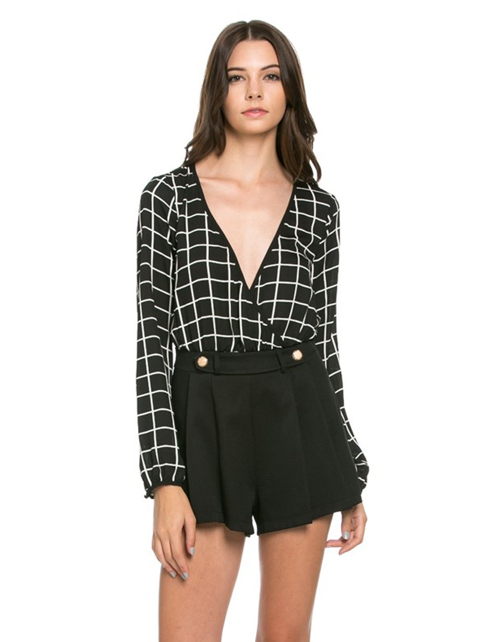 Checkered Print Romper with Front Gold Button
