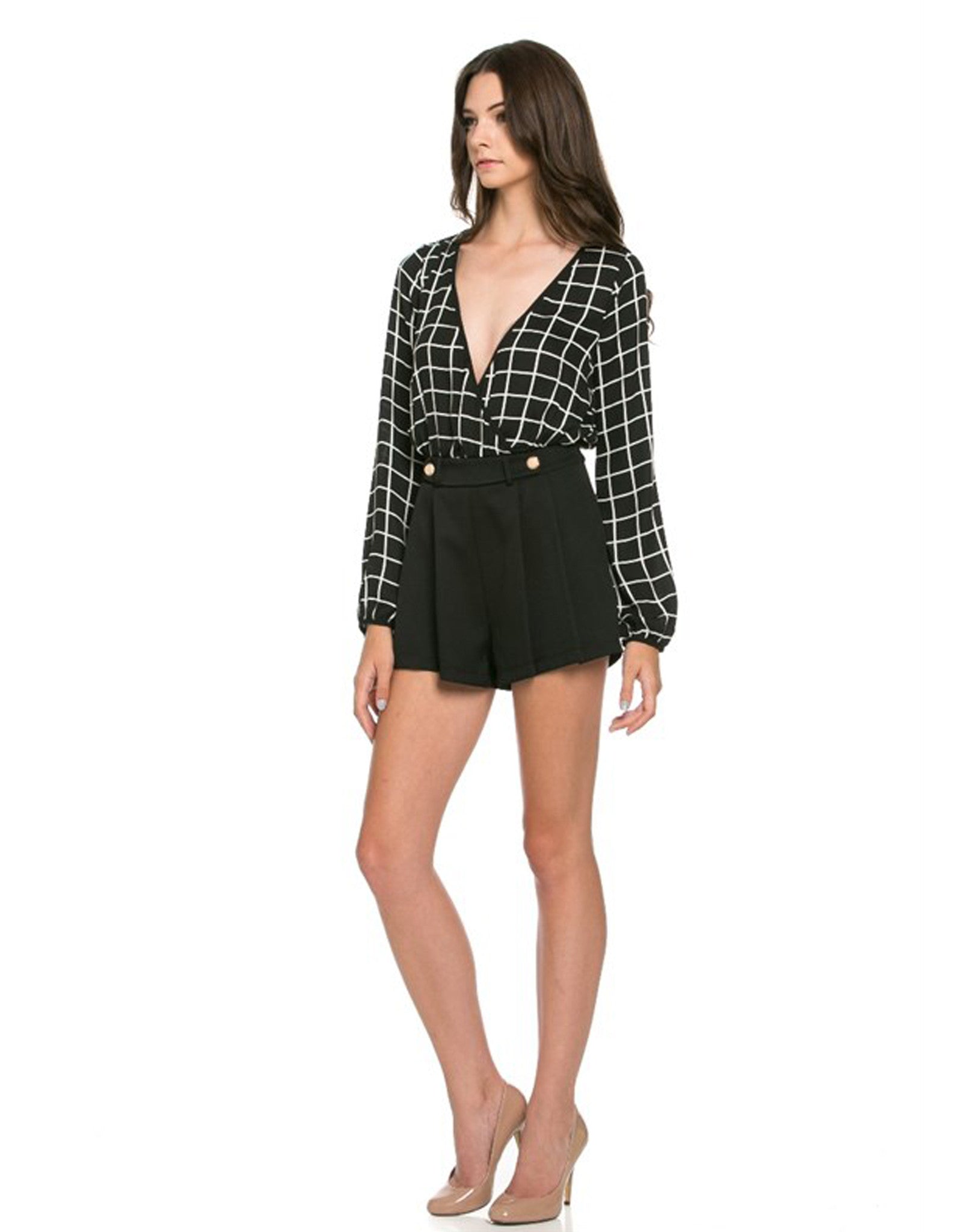 Checkered Print Romper with Front Gold Button