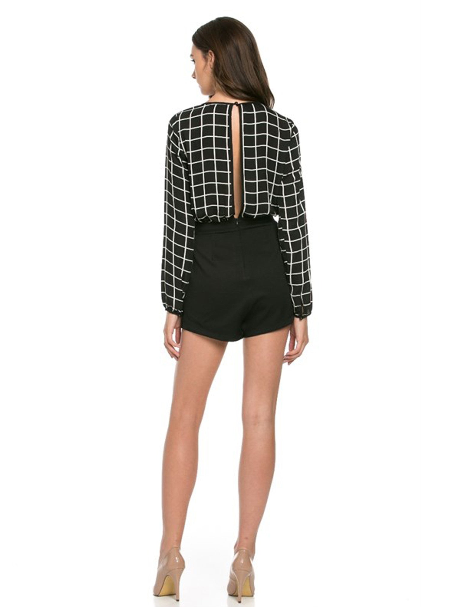 Checkered Print Romper with Front Gold Button