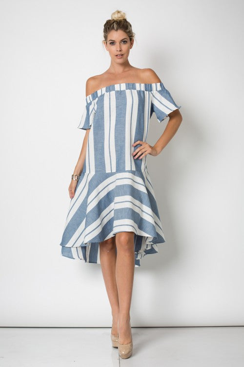 Blue White Stripe Resort Off Shoulder Dress