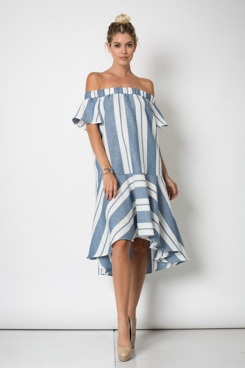 Blue White Stripe Resort Off Shoulder Dress