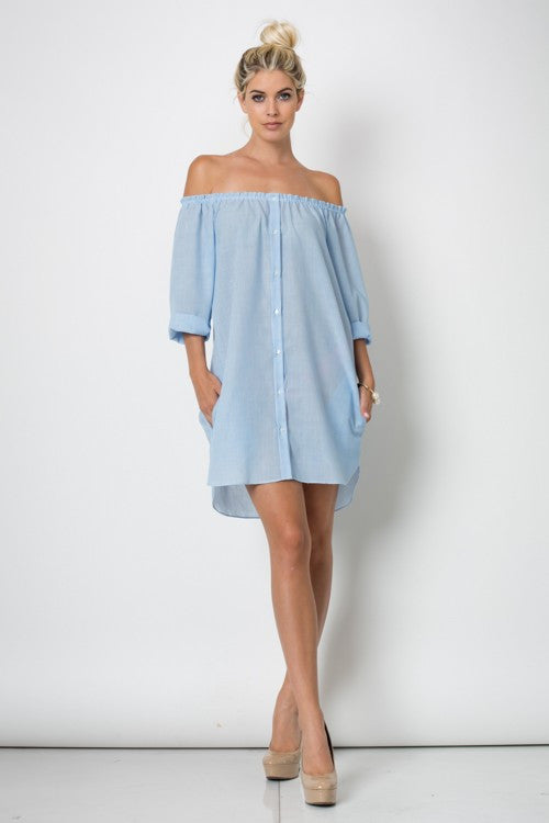 Resort Off Shoulder Marine Style Button Down Dress