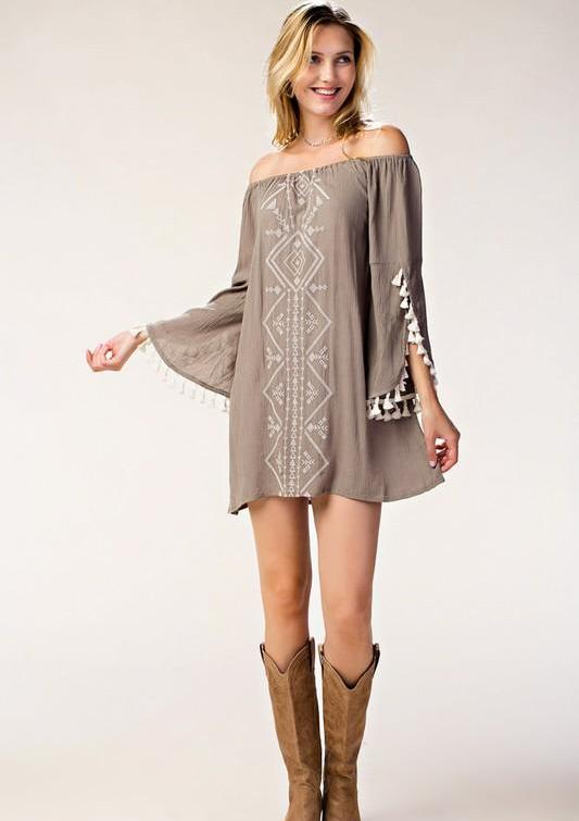 Casual Off Shoulder Mocha Dress with Embroidery Tassel Detailed