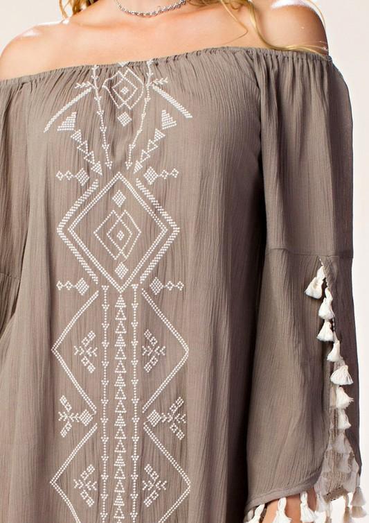 Casual Off Shoulder Mocha Dress with Embroidery Tassel Detailed